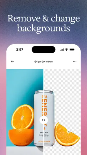 Before-and-after slider on an orange and energy-can photo, blue backdrop on the left and transparent checkerboard on the right
