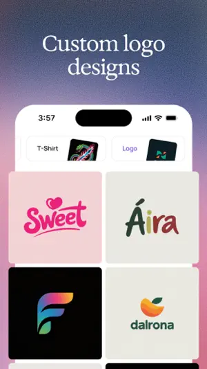 Logo gallery with T-Shirt and Logo tabs and four designs: Sweet, Áira, a gradient letter F and dalrona