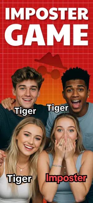 Four smiling friends labelled Tiger, Tiger, Tiger and Imposter under a red IMPOSTER GAME banner
