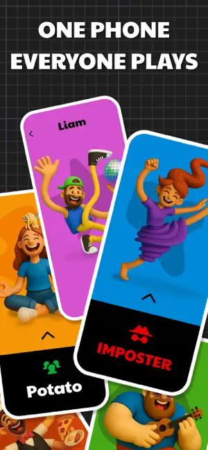 Player cards under ONE PHONE EVERYONE PLAYS: Liam's card, a Potato word card and a red IMPOSTER role card
