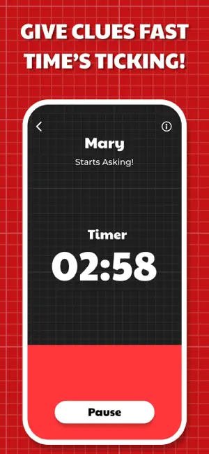 Mary starts asking while the clue timer counts down from 02:58, with a Pause button below