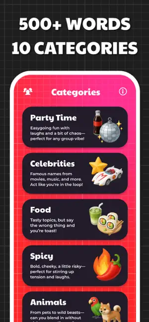 Categories screen listing Party Time, Celebrities, Food, Spicy and Animals under a 500+ words, 10 categories banner