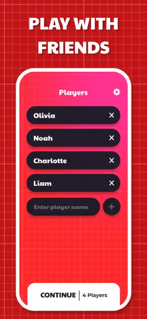 Players screen with Olivia, Noah, Charlotte and Liam added and a Continue button showing 4 players