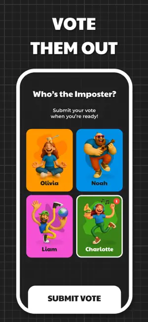 Who's the Imposter? vote screen with four character cards, Charlotte holding one vote above Submit Vote