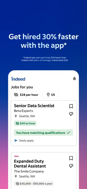 Job feed with an hourly filter and a matching qualifications flag