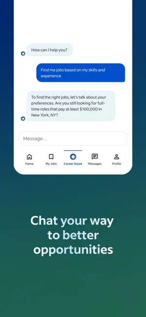 Career Scout chat asking about full-time roles in New York