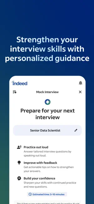 Mock interview screen estimating five to ten minutes
