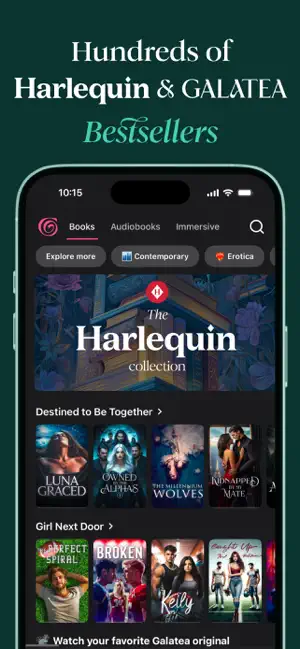 Galatea home screen with Books, Audiobooks and Immersive tabs, genre filter chips, a Harlequin collection banner and rows of romance covers