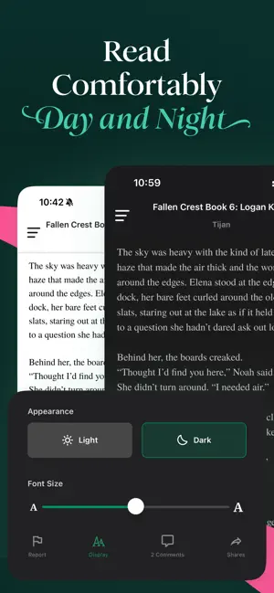Galatea reader in light and dark themes side by side, with a Display panel offering Light and Dark appearance and a font size slider
