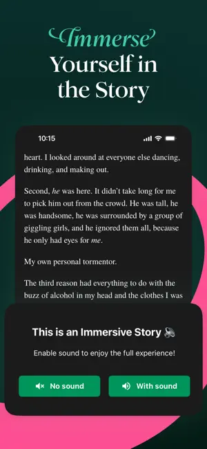 Immersive Story prompt over a Galatea chapter asking whether to continue with sound or without sound