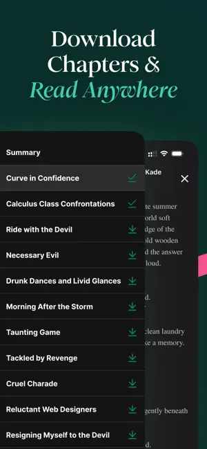 Chapter list with checkmarks on two downloaded chapters and download icons beside the rest, for reading offline