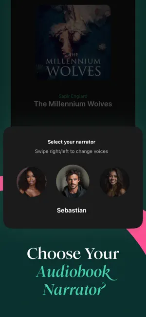 Audiobook screen for The Millennium Wolves with a Select your narrator carousel of three voices and Sebastian selected
