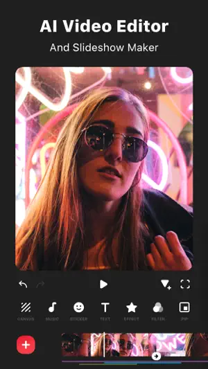AI Video Editor and Slideshow Maker — a woman in sunglasses under neon signs with the tool bar below