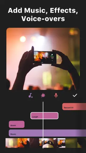 Add Music, Effects, Voice-overs — a phone filming a concert with Music, Laugh and Record tracks