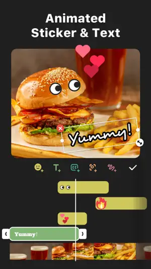 Animated Sticker and Text — a burger with cartoon eyes, hearts and a Yummy! label on the timeline