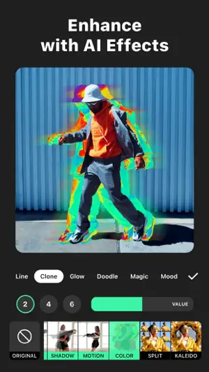 Enhance with AI Effects — a dancer outlined in glowing colour with Line, Clone, Glow and Doodle options