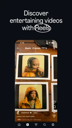 Reels tab showing a video by marijmusa liked by alex and 1,428 others