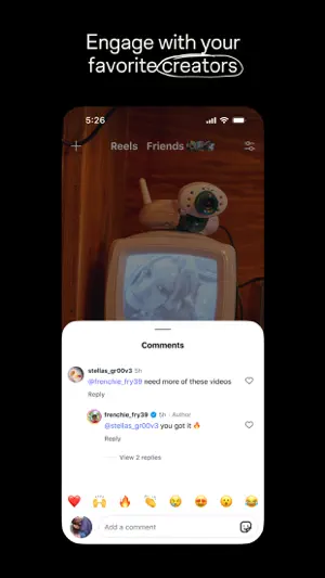 Comments sheet over a reel with an emoji reaction row above the input