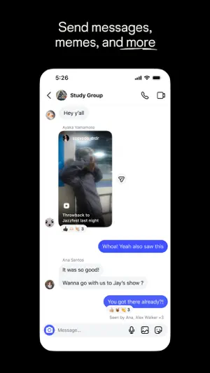 Study Group message thread with a shared reel and read receipts