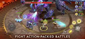 Top-down arena fight against a purple dragon with the hero's skill wheel, captioned fight action-packed battles