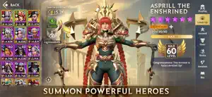 The hero screen for Asprill the Enshrined, a red-haired legendary at level 60, captioned summon powerful heroes