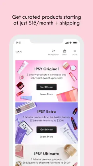 IPSY plans screen listing Original at $15 a month, Extra at $32 a month and Ultimate at $65 per quarterly shipment