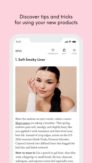 IPSY tutorial article titled Soft Smoky Liner with a model photo and how-to-wear-it tips