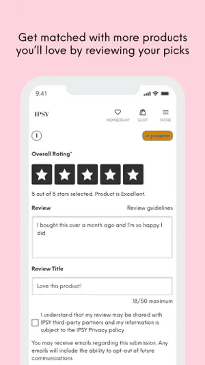 IPSY product review form with a five-star rating, a 50-character title limit and a third-party sharing consent checkbox