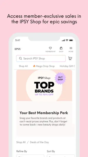 IPSY Shop page with a Mega Drop Shop tab and a Top Brands up to 70% off banner