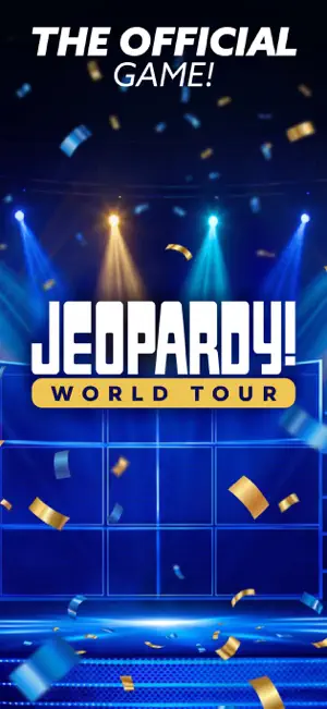Jeopardy! World Tour title card on a blue stage under spotlights, with gold confetti and the line The Official Game