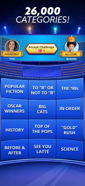 Category board with twelve tiles such as Oscar Winners, Big Cats and See You Latte, below an Accept Challenge button costing one heart