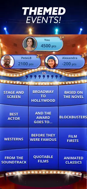 Themed film event board with Westerns, Best Actor and Animated Classics, three contestants at 4,500, 2,100 and -200 points and a 1/5 counter