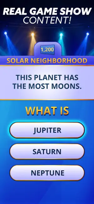 Clue worth 1,200 in Solar Neighborhood asking which planet has the most moons, with Jupiter, Saturn and Neptune as answers