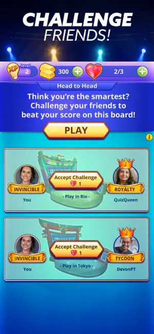 Head to Head lobby showing level 2, 300 Gold Bars and 2/3 hearts, with pending friend challenges set in Rio and Tokyo