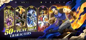 Roster of SSR cards including Bruno Bucciarati and Jotaro under the 50+ playable characters banner
