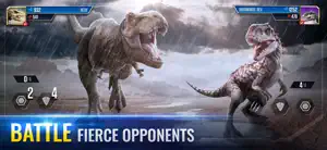 Two dinosaurs facing off in an arena battle with health bars above them