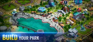 Overhead view of the park with buildings, paths and a lagoon