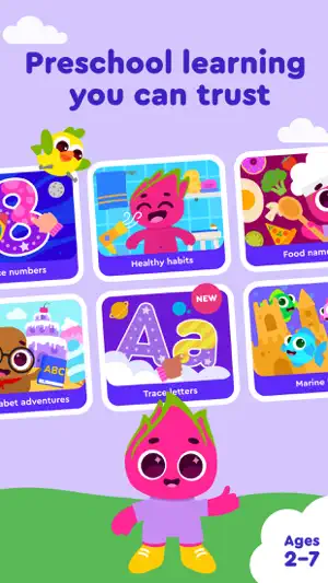 Game menu with tiles for Trace numbers, Healthy habits, Food names, Alphabet adventures, a NEW Trace letters tile and Marine, a waving pink fruit character and an Ages 2–7 badge