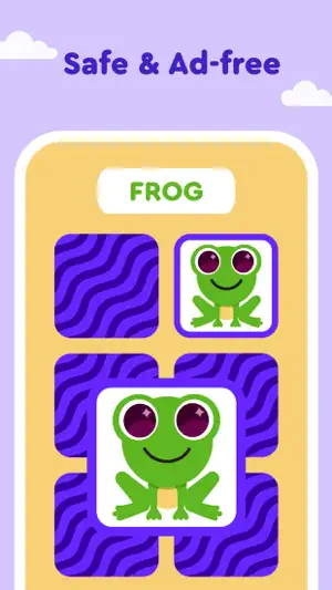 Memory card match with two face-up frog cards under a FROG label among purple face-down cards, captioned Safe & Ad-free