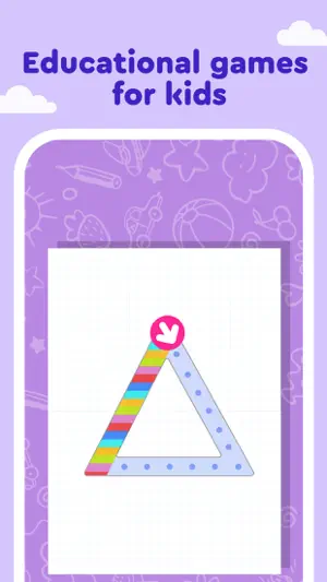 Shape tracing on a grid, with a rainbow line following the dotted outline of a triangle from a pink arrow start point