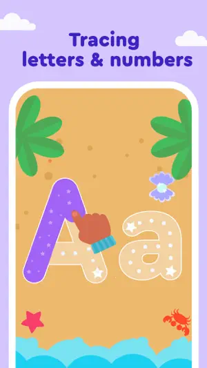 Letter tracing on a beach scene, a child's finger drawing a purple capital A beside a dotted lowercase a, with palm trees and a crab