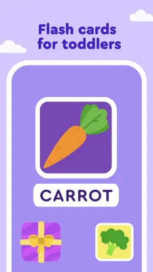 Flash card showing a carrot above the word CARROT, with gift box and broccoli tiles below