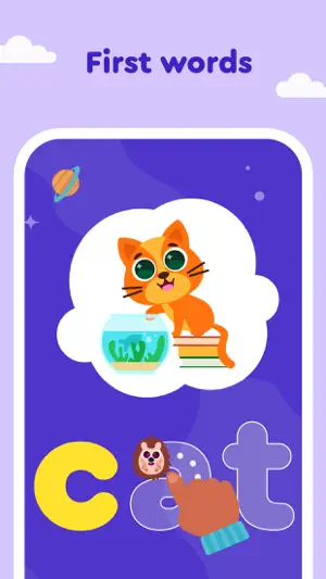 First words game with a cat beside a fishbowl above the letters c-a-t, a finger tracing the t behind a hedgehog guide