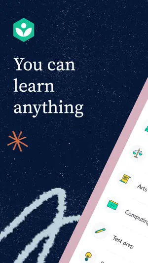 Dark navy splash headed You can learn anything with the green Khan Academy logo and a tilted list of subjects including Arts, Computing and Test prep