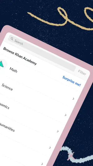 Browse Khan Academy list on a navy background with a search field, a Filter link, a Surprise me button and rows for Math, Science, Economics and Humanities