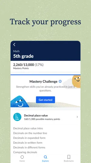 Track your progress screen for 5th grade Math showing 2,260 of 13,000 Mastery Points, a Mastery Challenge card with a Get started button and the Decimal place value skill