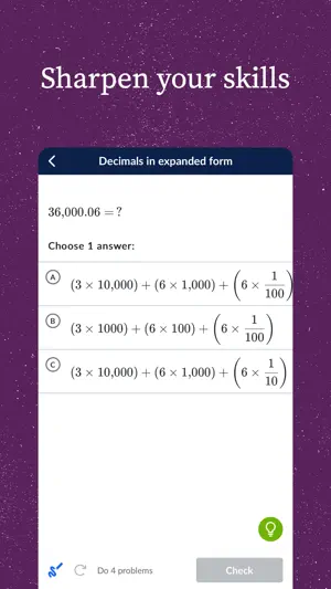 Sharpen your skills screen with a Decimals in expanded form question, three multiple-choice answers built from fractions, a Do 4 problems counter and a grey Check button