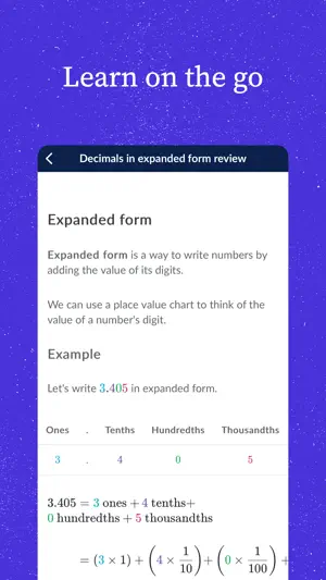 Learn on the go screen with the article Decimals in expanded form review, defining expanded form and showing a place value chart for 3.405