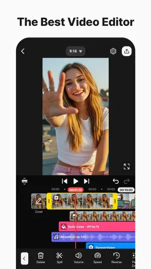 9:16 project timeline with a selfie clip, a Solid Color layer, a music track and Delete, Split, Volume, Speed and Reverse tools
