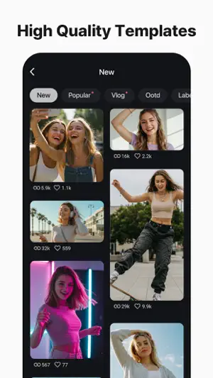 Template browser on the New tab with Popular, Vlog and Ootd filters and view and like counts under each video